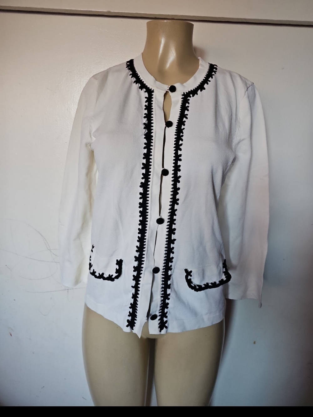 Stitches Cream Cardigan with Black Trim